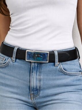Vintage Statement Italian Belt Blue Art Glass Buckle Black Leather Size Large